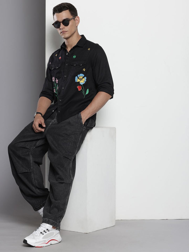 The Indian Garage Co Pure Cotton Floral Embroidered Casual Shirt