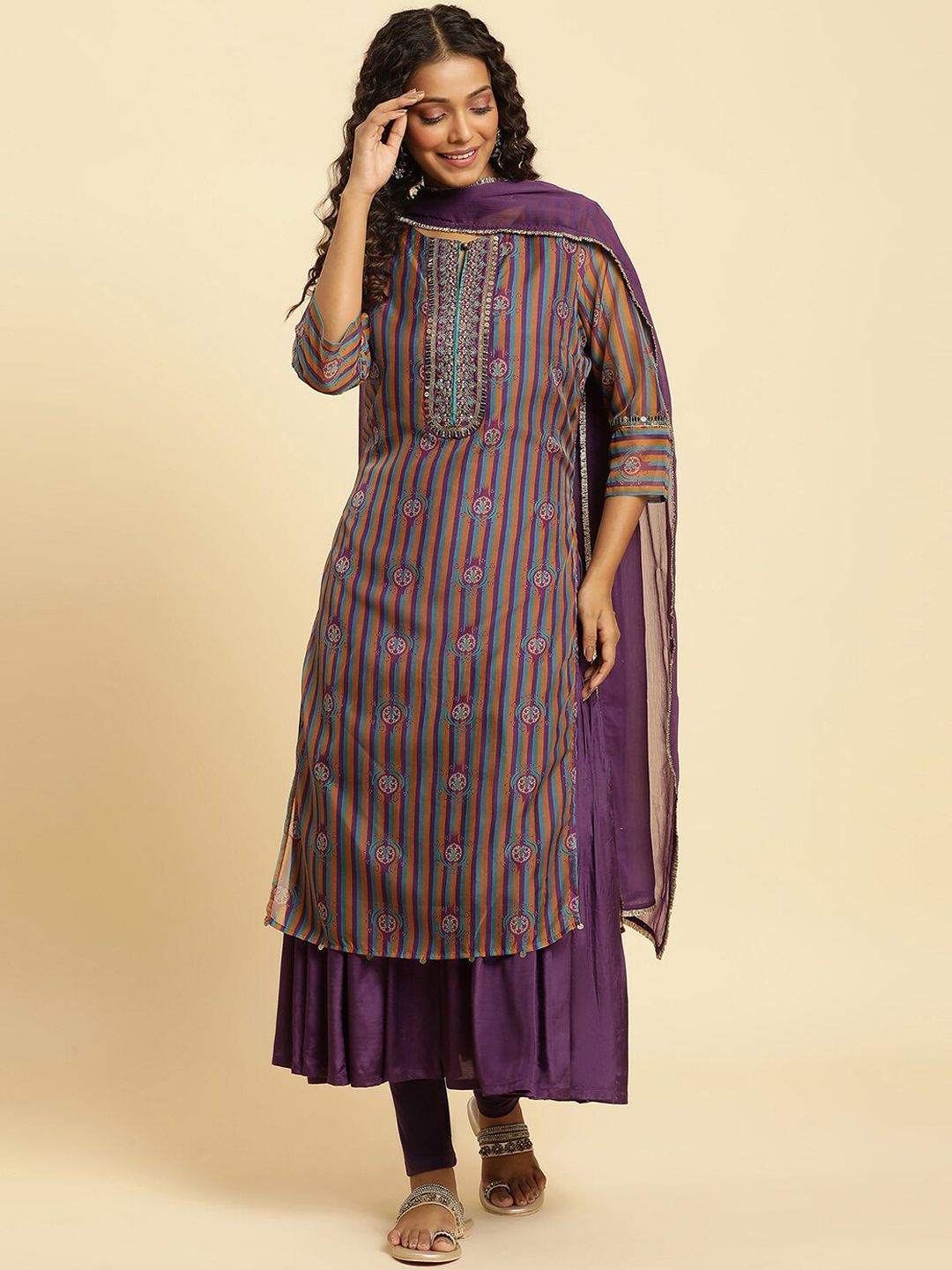 W Striped Sequined Kurta With Dupatta