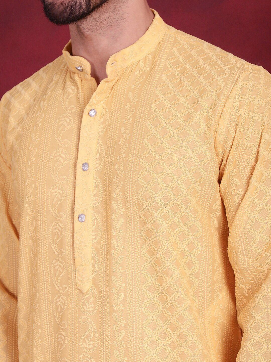 Jompers Ethnic Motifs Embroidered Mandarin Collar Chikankari Georgette Kurta with Pyjamas