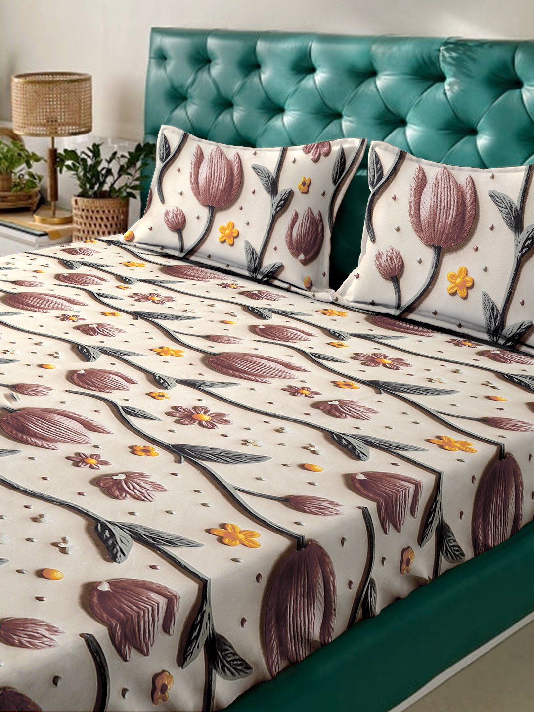 Myntra Elegant Cream-Coloured Floral 300 TC King 7D Bedsheet with 2 Pillow Covers