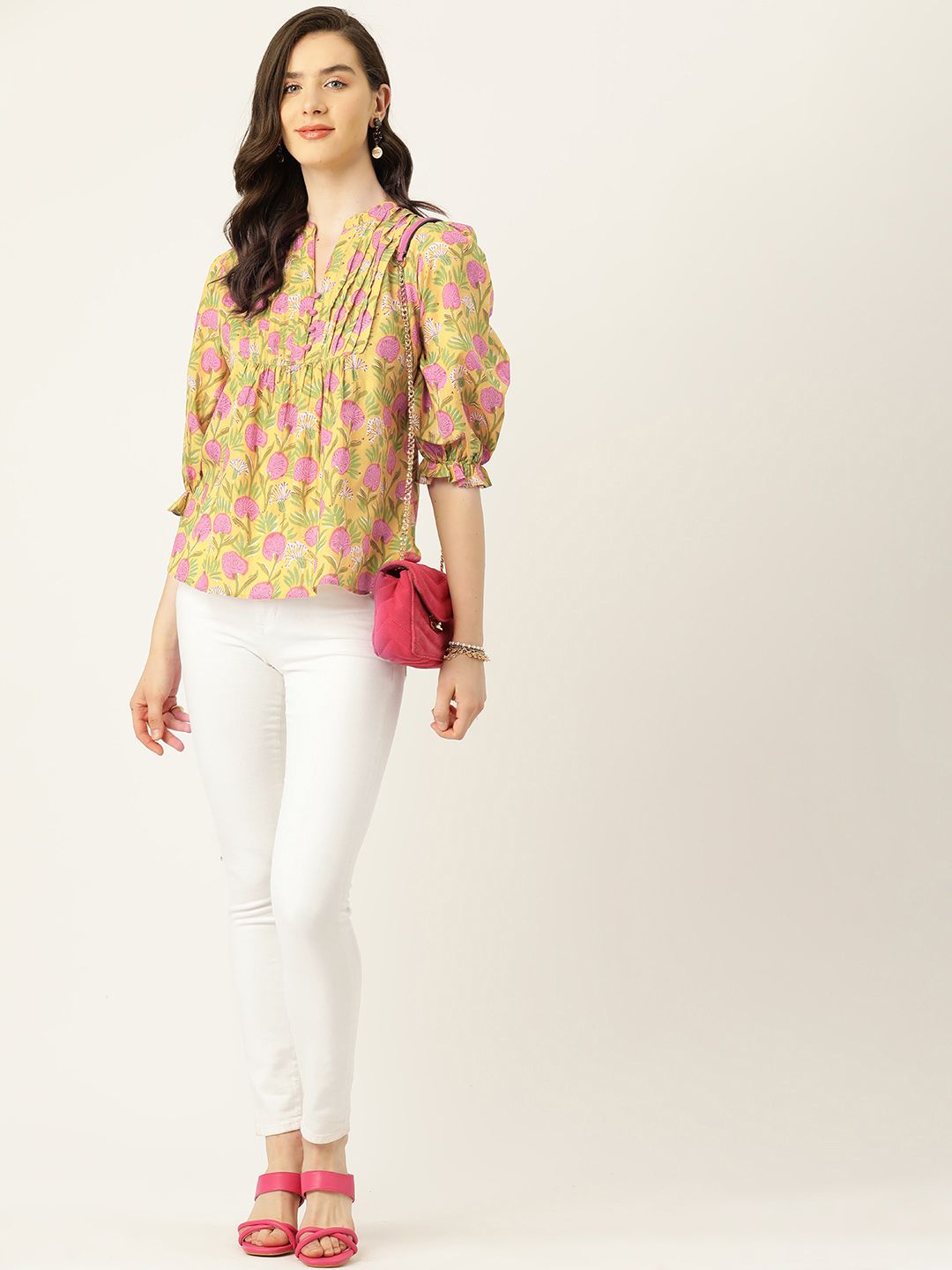 Antheaa Floral Print Mandarin Collar Puff Sleeve Cotton Top