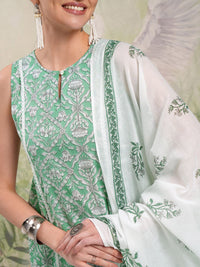 Vishudh White Floral Printed Gotta Patti Pure Cotton A-Line Kurta With Trousers & Dupatta