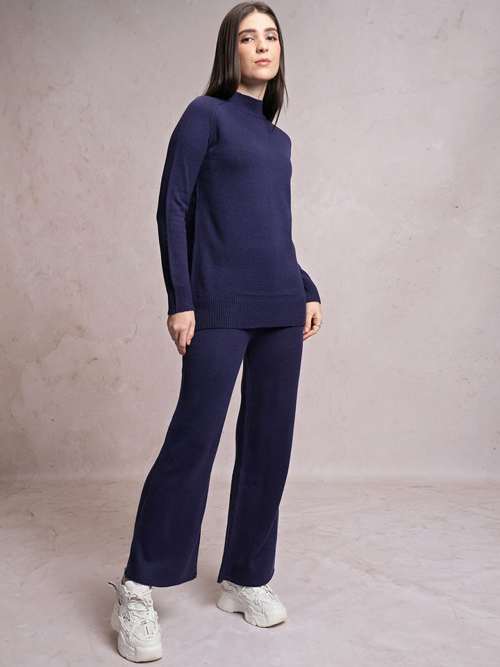 Tokyo Talkies Navy Blue High Neck Sweater With Flared Trouser Co-Ords