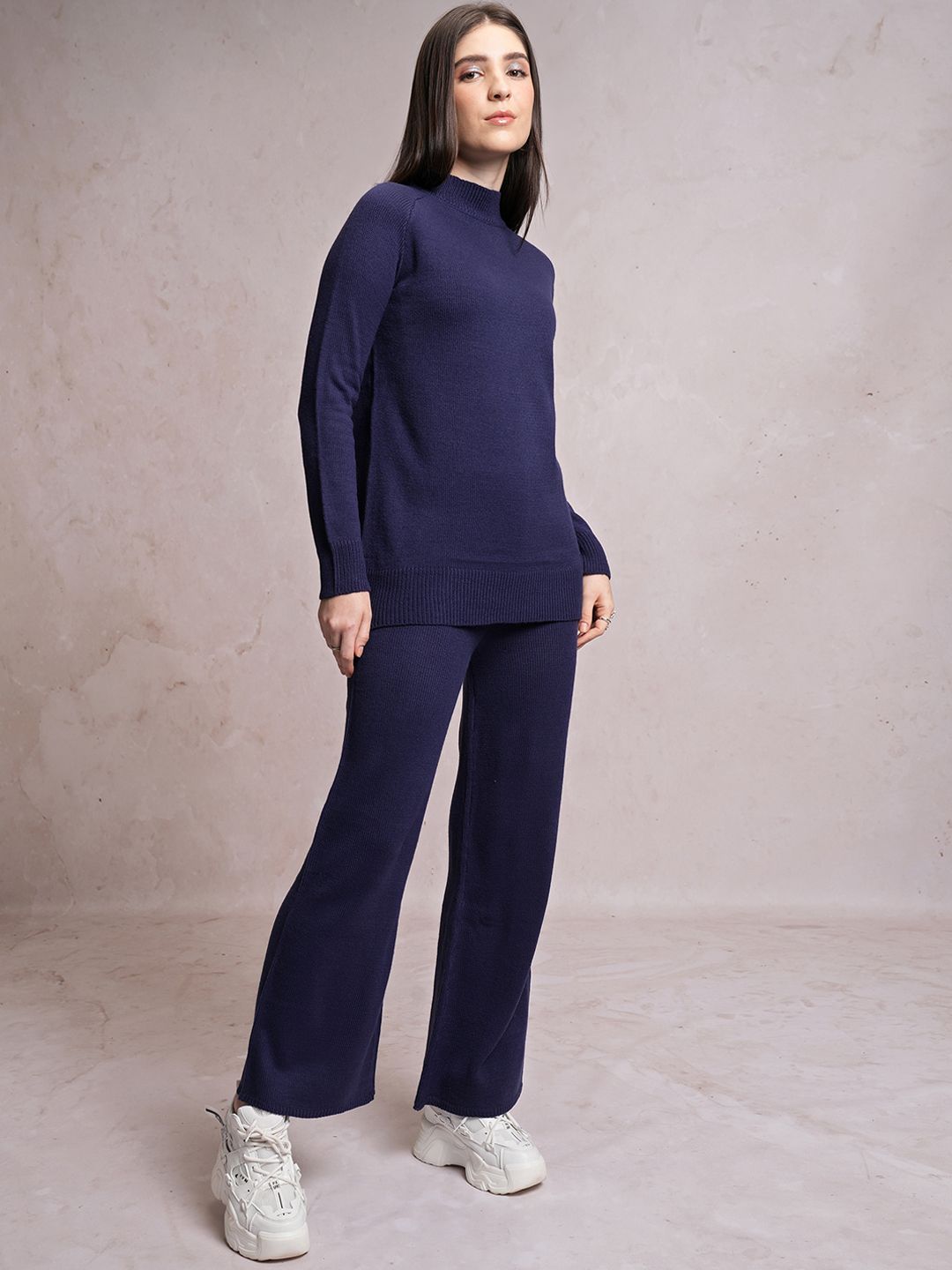 Tokyo Talkies Navy Blue High Neck Sweater With Flared Trouser Co-Ords