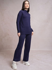 Tokyo Talkies Navy Blue High Neck Sweater With Flared Trouser Co-Ords