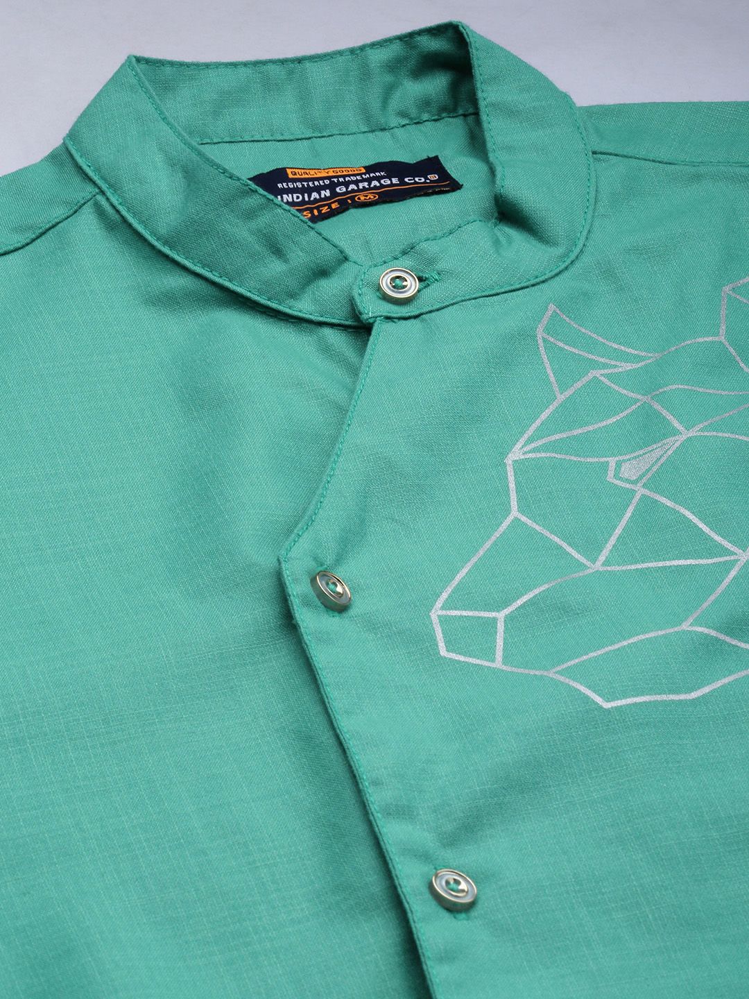The Indian Garage Co Men Turquoise Blue Solid Angrakha Kurta with Printed Detailing