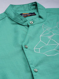 The Indian Garage Co Men Turquoise Blue Solid Angrakha Kurta with Printed Detailing
