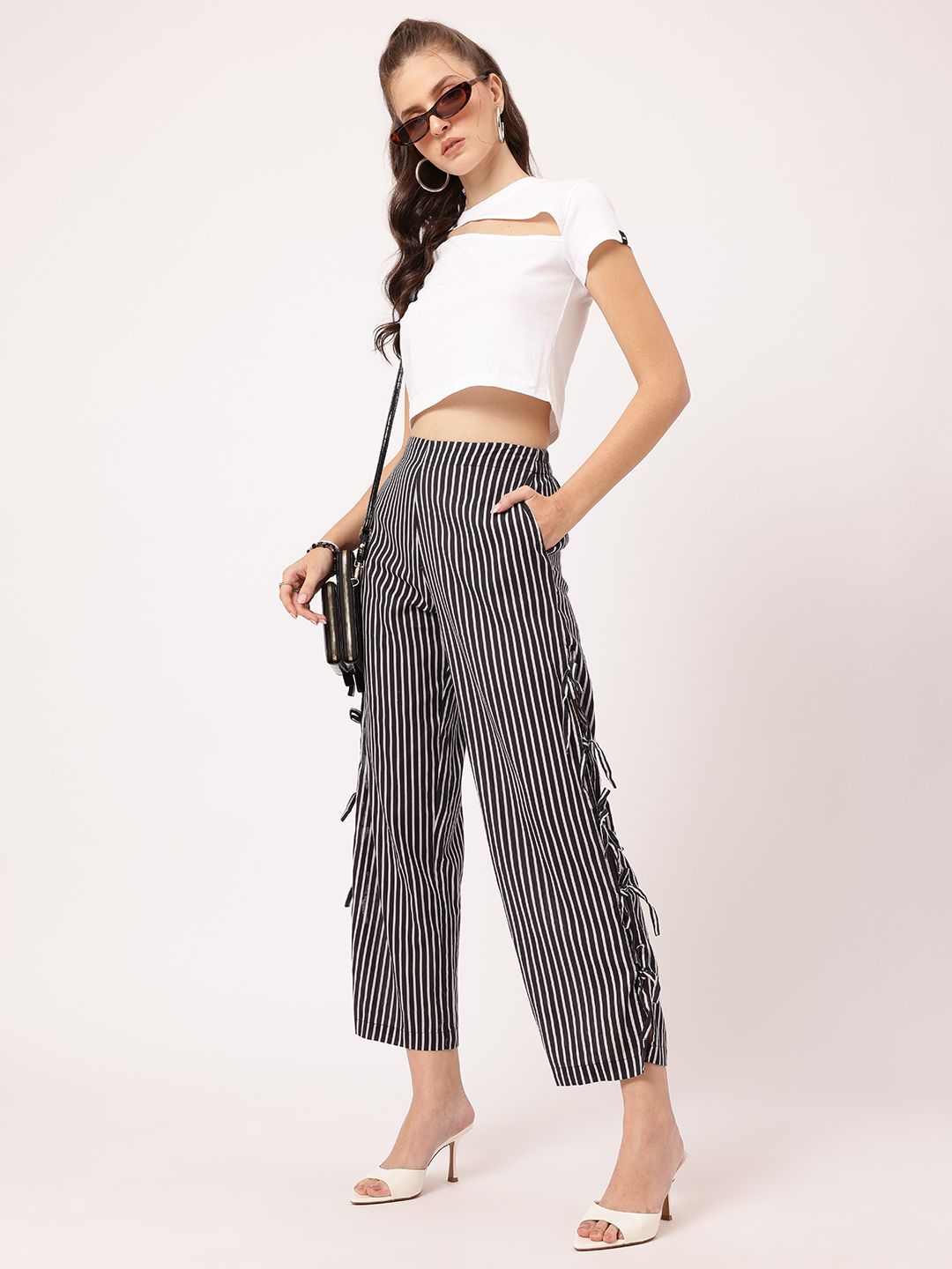 DressBerry Women Retro Chic Striped Bow-Up Cropped Trousers