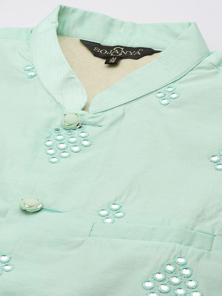 SOJANYA Off White & Sea Green Silk Blend Kurta with Churidar