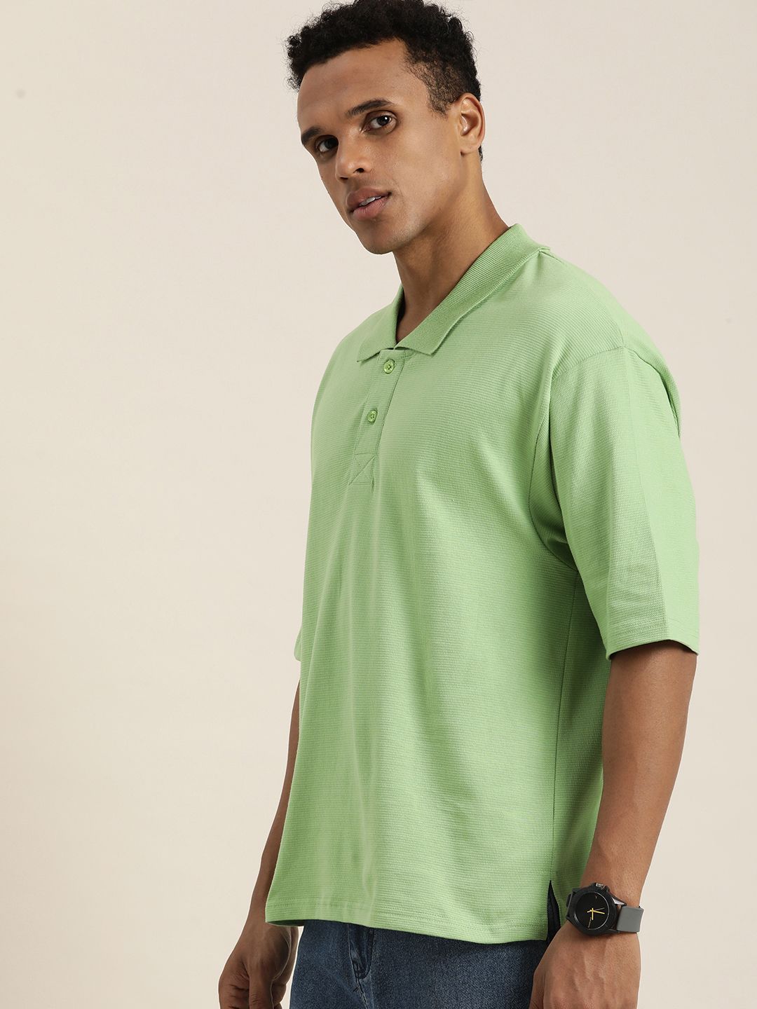 DILLINGER Men Solid Honeycomb Structure Oversized Cotton Polo T-Shirt