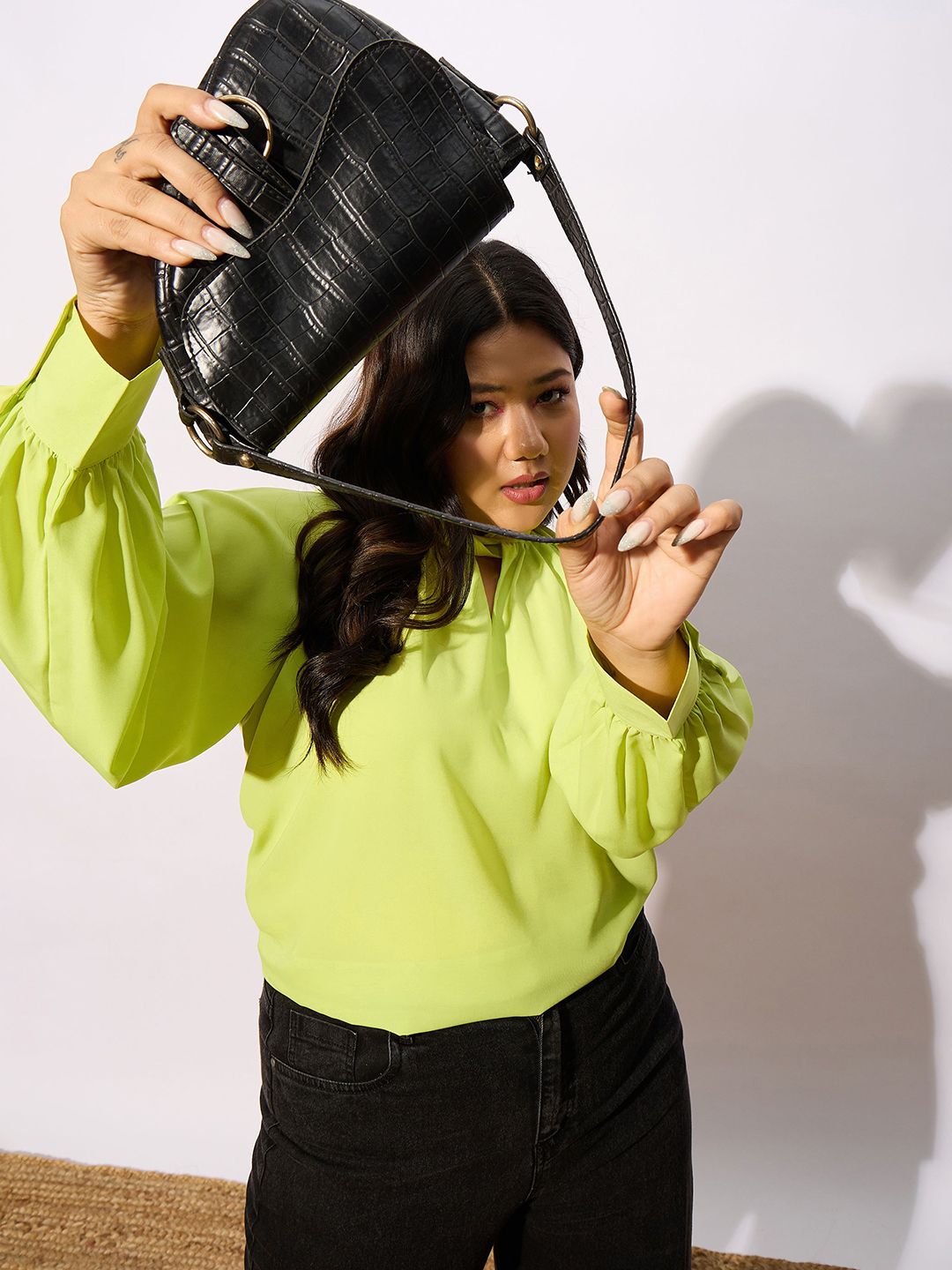 SASSAFRAS Curve Plus Size Keyhole Neck Cuffed Sleeves Georgette Top