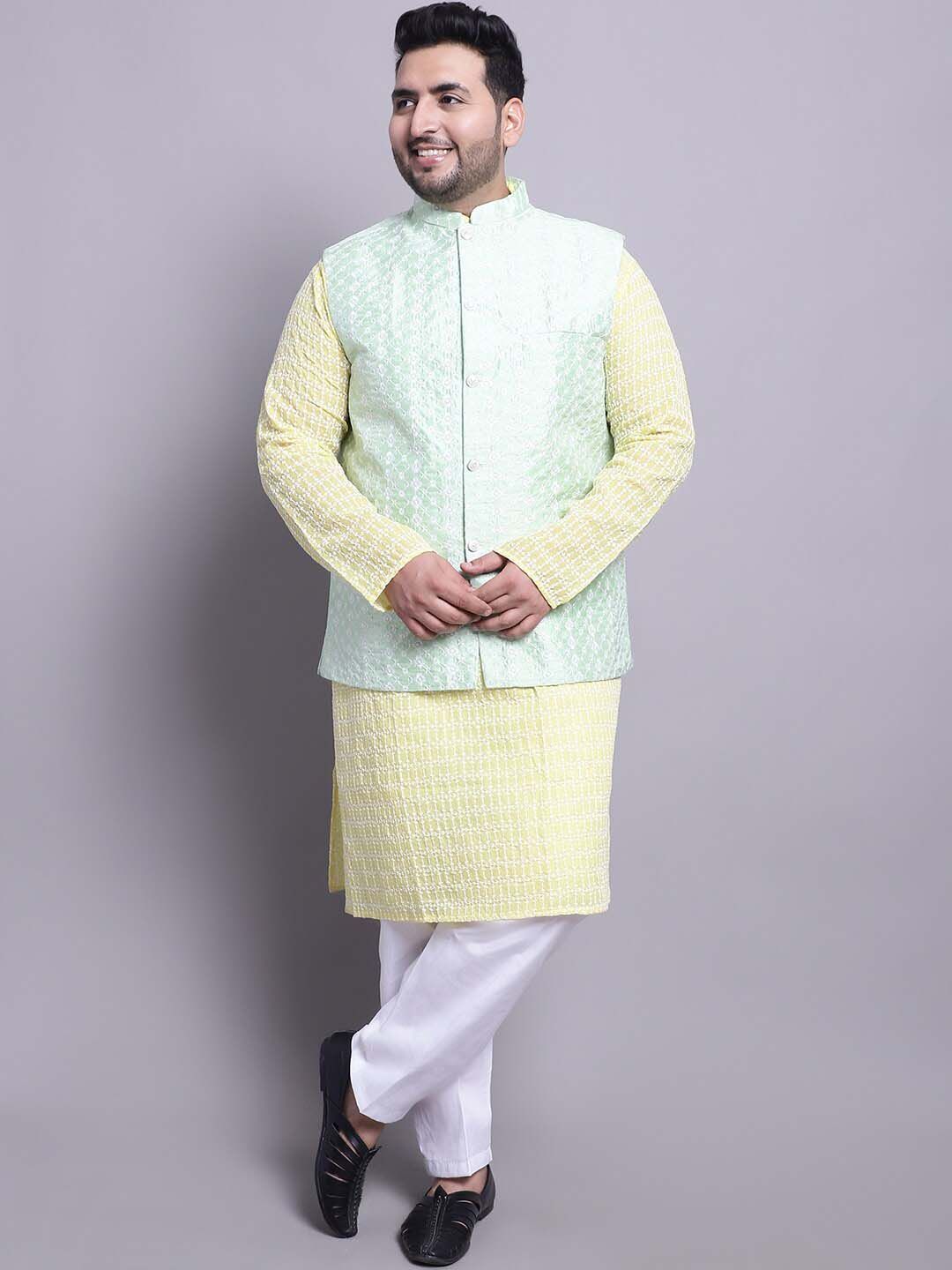 SOJANYA PLUS Plus Size Bordir Cotton Kurta Dengan Piyama & Sulam Jaket Nehru