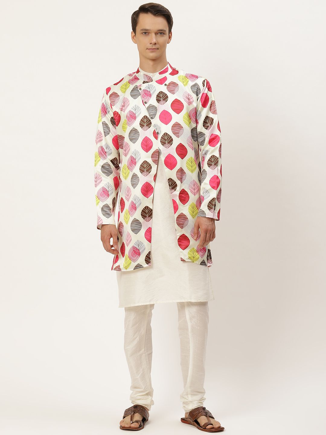 SOJANYA Men Off White & Pink Kurta with Churidar