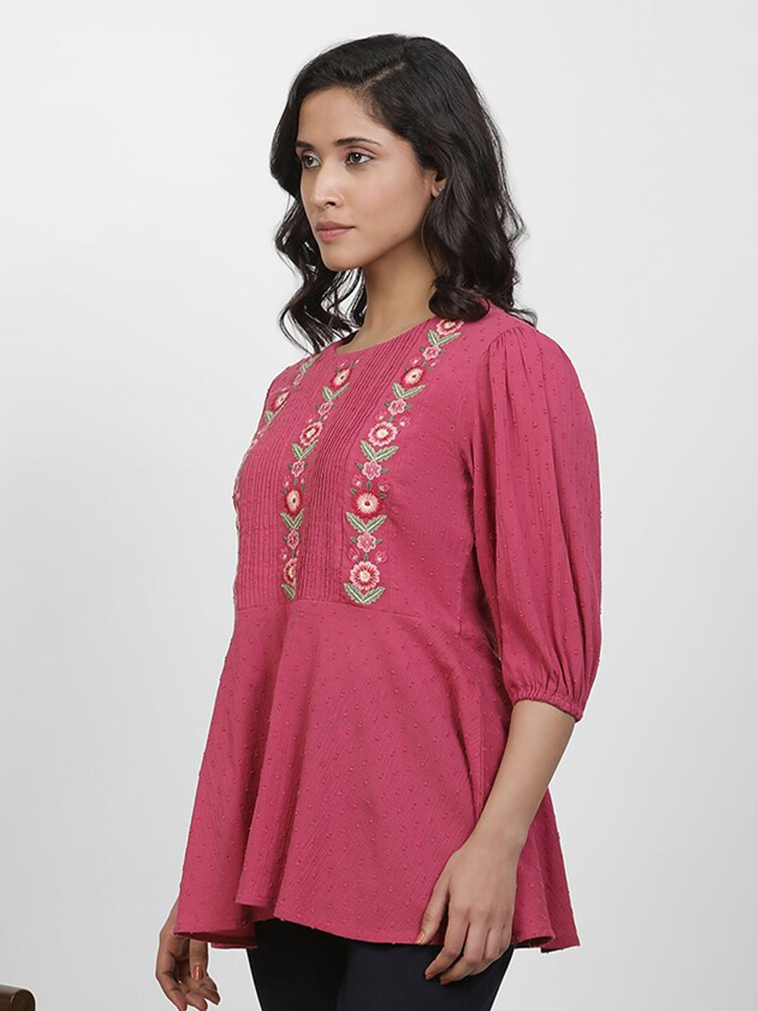 W Floral Embroidered Puffed Sleeves Pure Cotton Longline A-Line Top