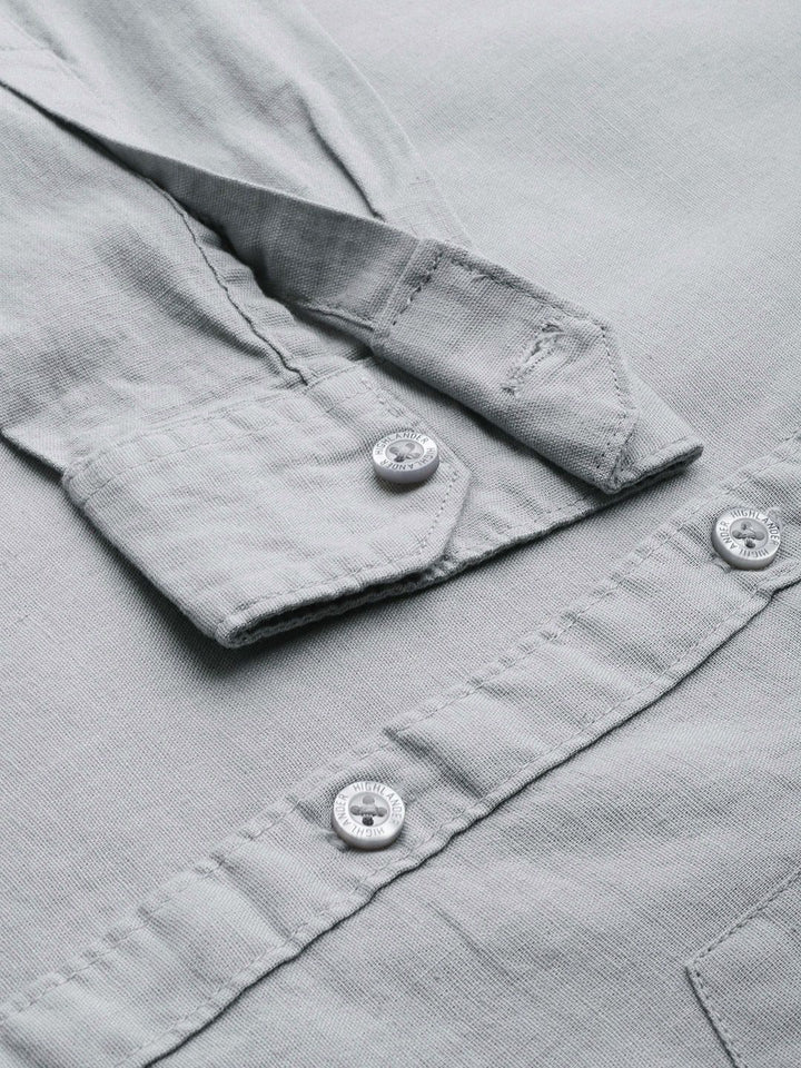 HIGHLANDER Men Grey Cotton Linen Solid Slim Fit Casual Shirt