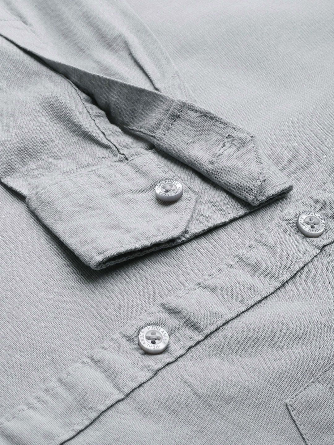 HIGHLANDER Men Grey Cotton Linen Solid Slim Fit Casual Shirt