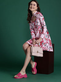 DressBerry Floral Print Tie-Up Neck A-Line Mini Dress