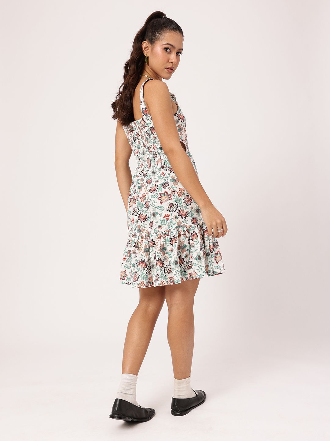 DressBerry Blooming Beauty Floral Printed Smocked Cut-Outs A-Line Dress