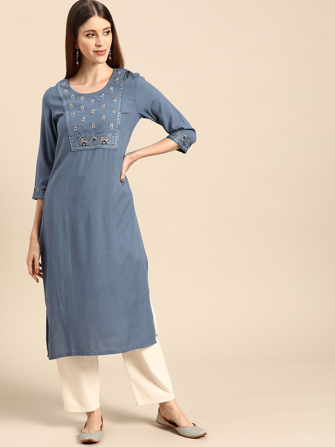 Anouk Women Blue Ethnic Motifs Yoke Design Kurta