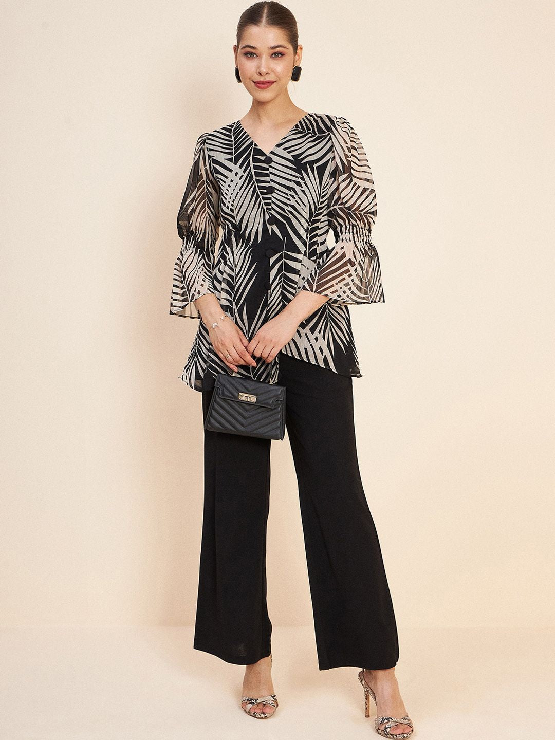 Antheaa Black Conversational Printed V-Neck Puff Sleeve Co-Ords