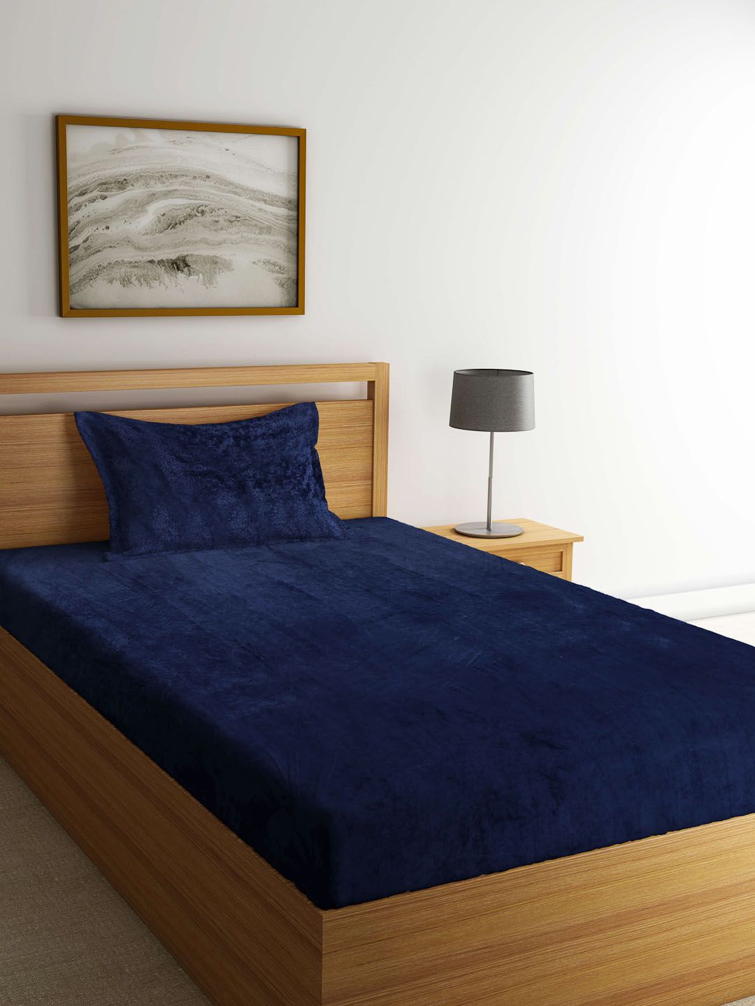 KLOTTHE Blue Woolen 300 TC Single Bedsheet With 1 Pillow Cover