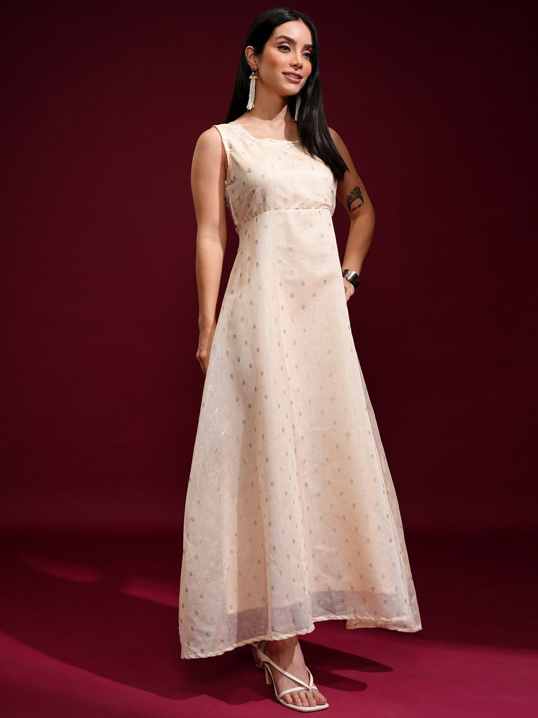 Vishudh Peach-Coloured Ethnic Motifs Layered Ethnic Maxi Dress With Jacket