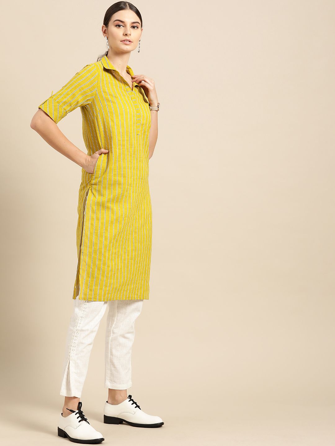 Anouk Women Lime Green & Teal Blue Striped Pure Cotton Straight Kurta