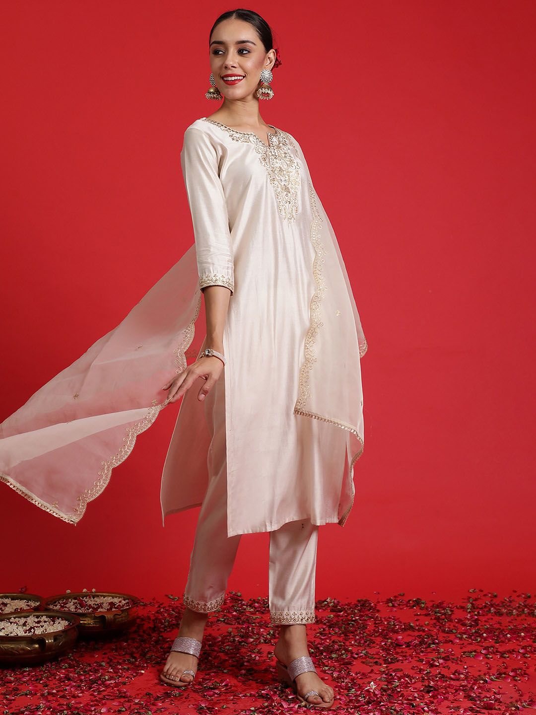 Indo Era Ethnic Motifs Yoke Design Thread Work Kurta With Trousers & Dupatta