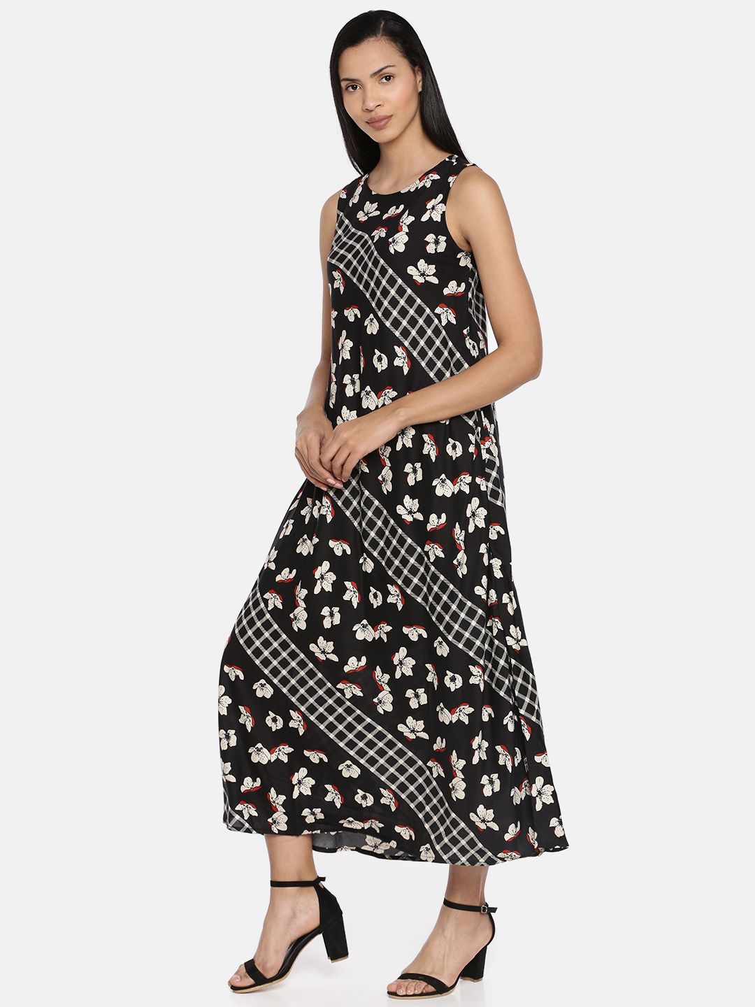 AND Women Black & Off-White Floral Print A-Line Dress