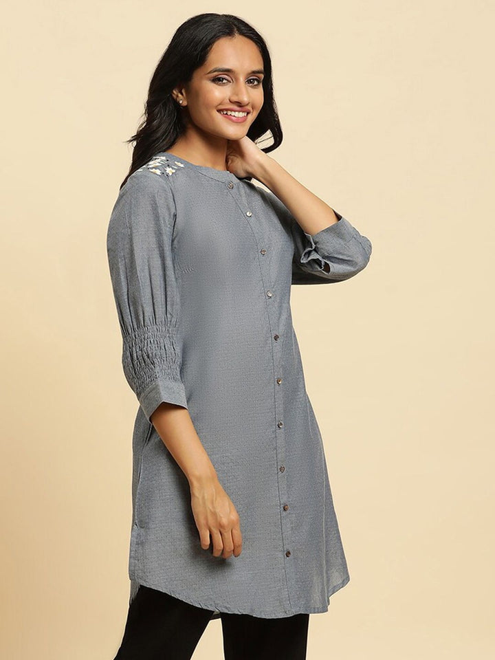 W Grey Floral Woven Design Mandarin Collar Pure Cotton A-Line kurta