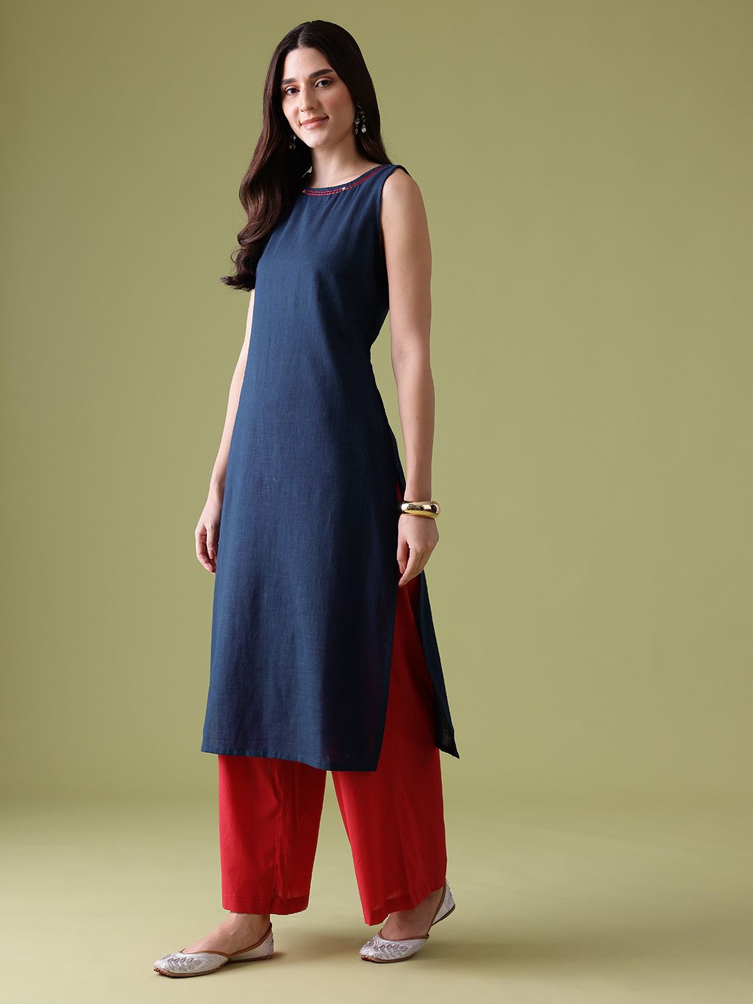 Anouk Sequinned Cotton Kurta with Palazzos & Dupatta