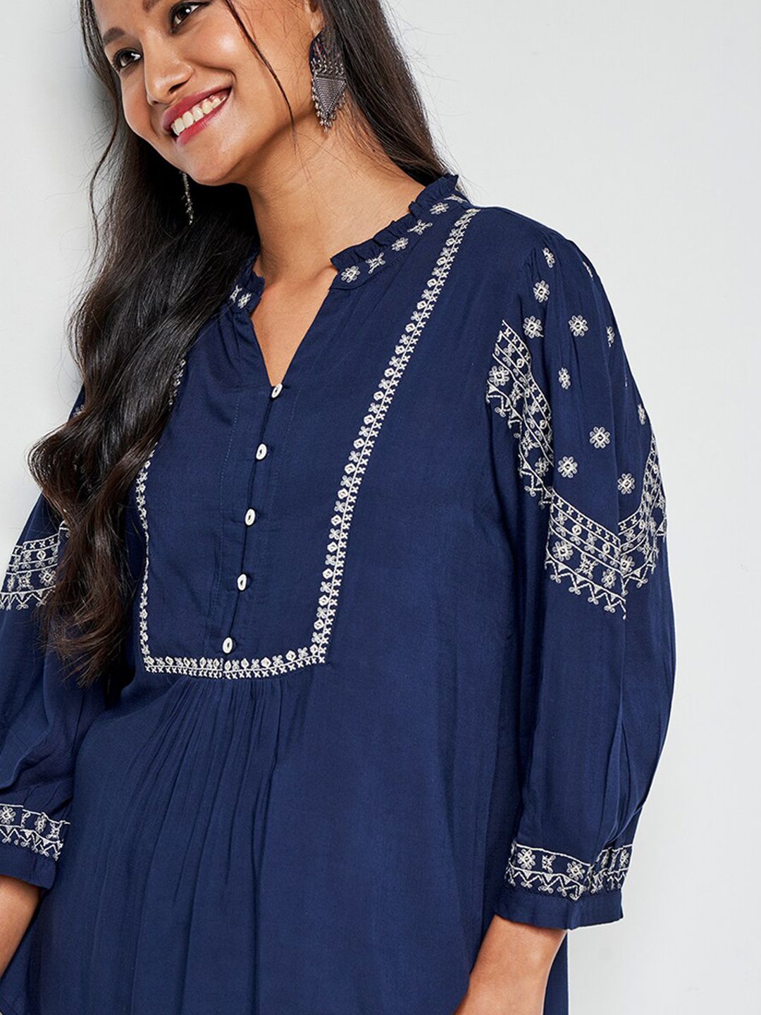 Global Desi Embroidered Mandarin Collar Long Cuffed Sleeves Top