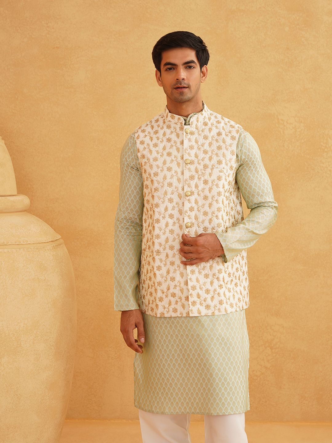SOJANYA Ethnic Motifs Woven Design Band Collar Kurta With Pyjamas & Nehru Jacket