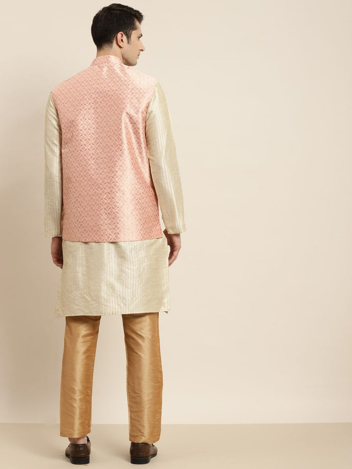 SOJANYA Men Beige Striped Kurta with Pyjamas & Nehru Jacket