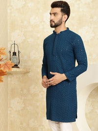 SOJANYA Embroidered Sequinned Mandarin Collar Pure Cotton Kurta