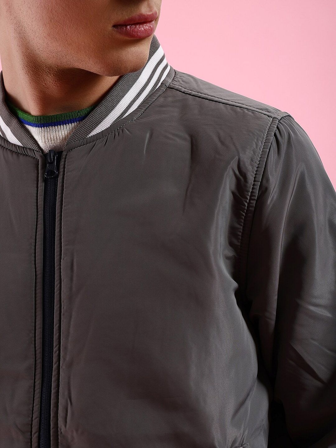 The Indian Garage Co Grey Mock Collar Bomber Jacket