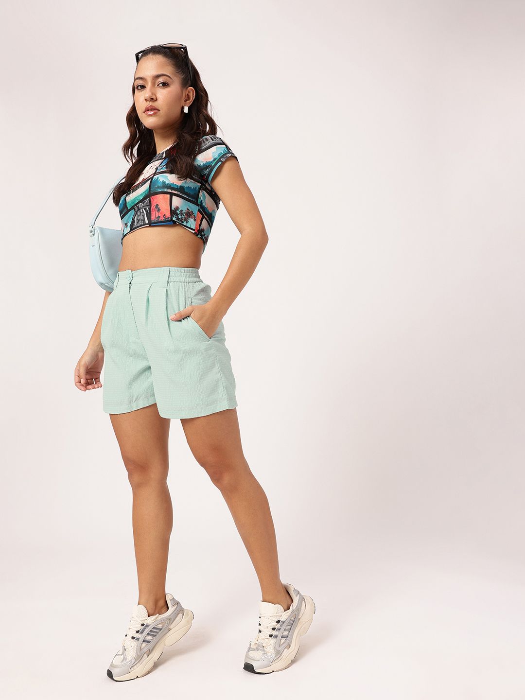 DressBerry Women Stay Cool Pleated Seersucker High-Rise Regular Shorts
