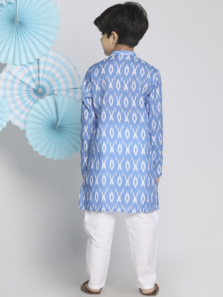 VASTRAMAY Boys Blue Printed Regular Pure Cotton Ikat Kurta with Pyjamas