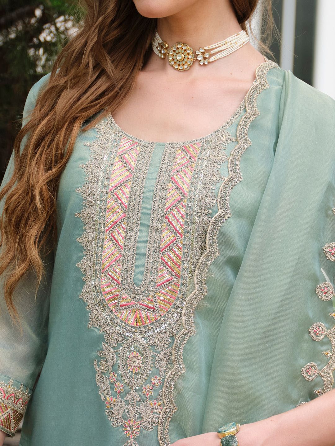 Indo Era Yoke Design Round Neck Kurta With Trousers & Dupatta