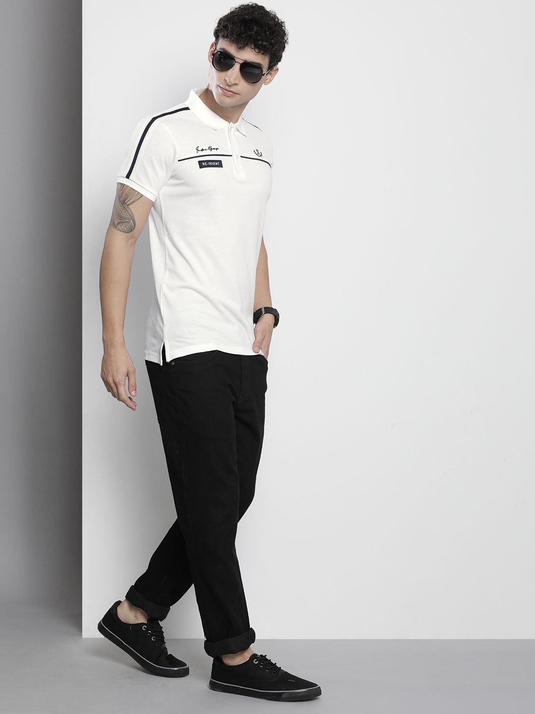 The Indian Garage Co Men White & Black Brand Logo Printed Polo Collar Slim Fit T-shirt