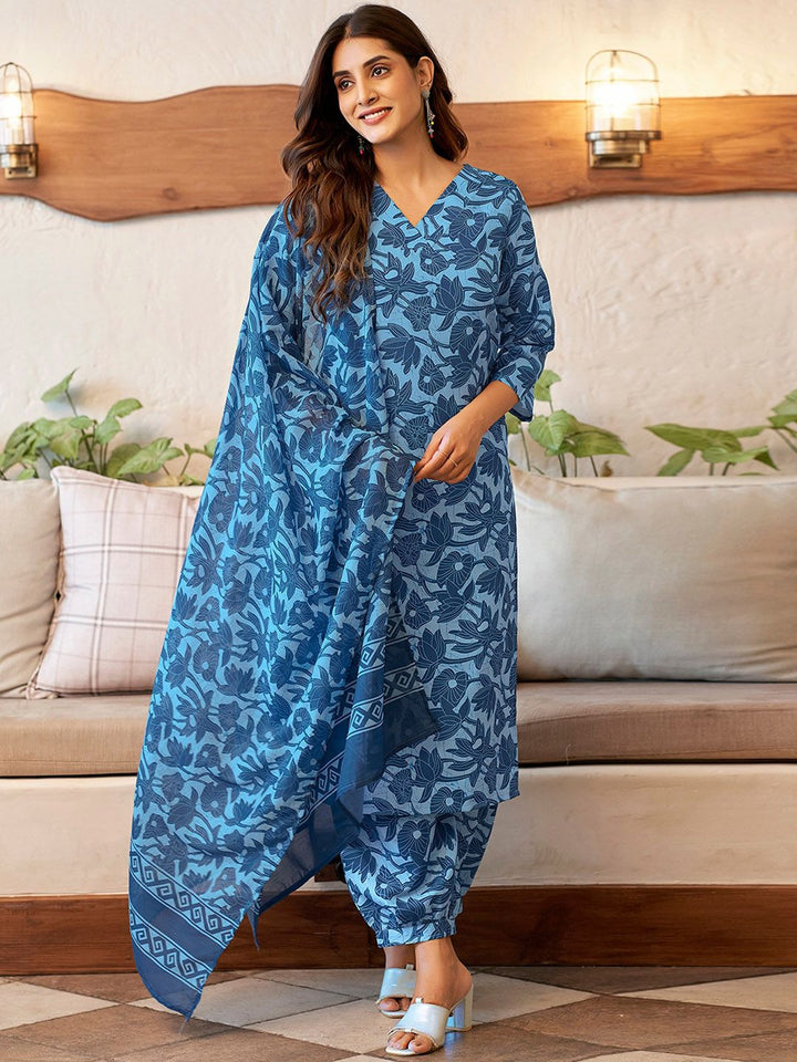 KALINI Floral Printed Regular V Neck Straight Kurta With Salwar & Dupatta