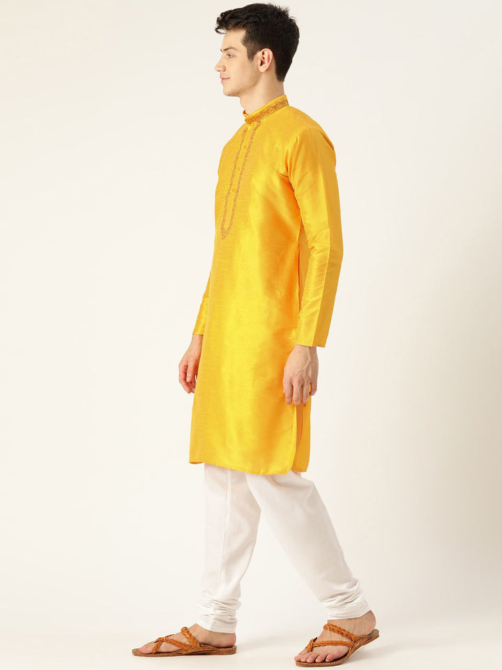 SOJANYA Men Yellow Yoke Design Straight Kurta