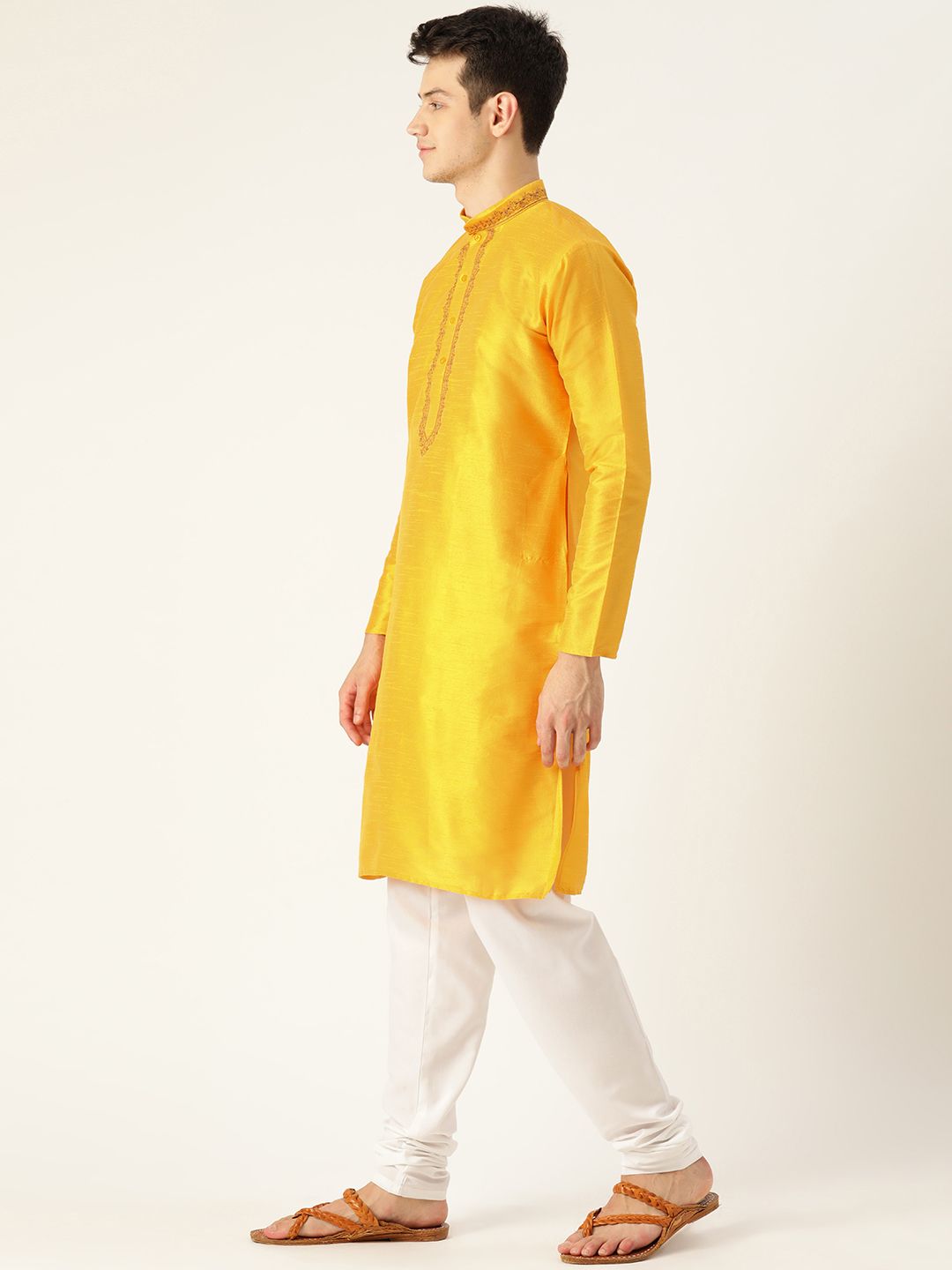 SOJANYA Men Yellow Yoke Design Straight Kurta