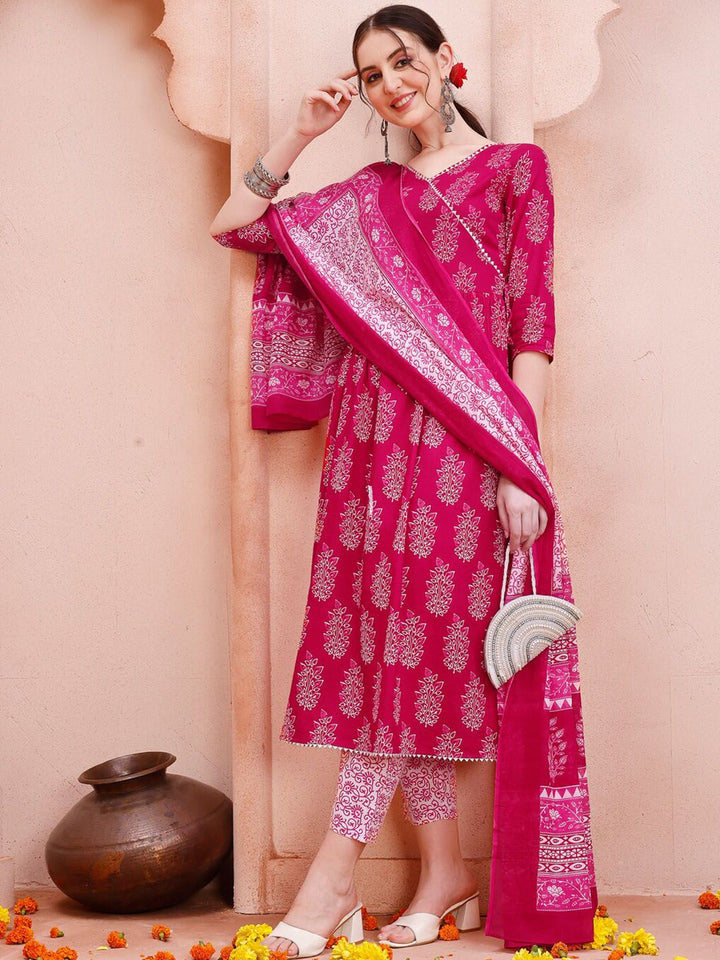 KALINI Ethnic Motifs Printed Angrakha Pure Cotton Kurta & Trousers With Dupatta