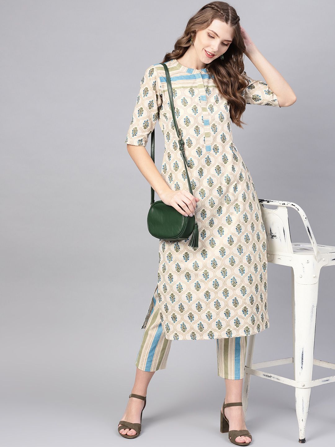 Gerua By Libas Women Off-White  Blue Printed Kurta with Trousers