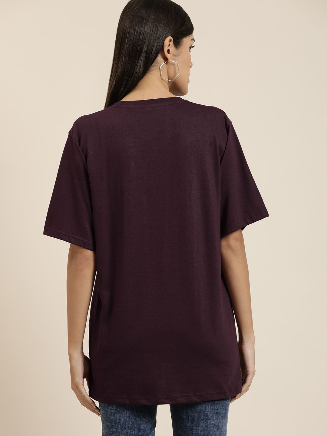 Difference of Opinion Women Burgundy Solid Pure Cotton Oversized T-shirt