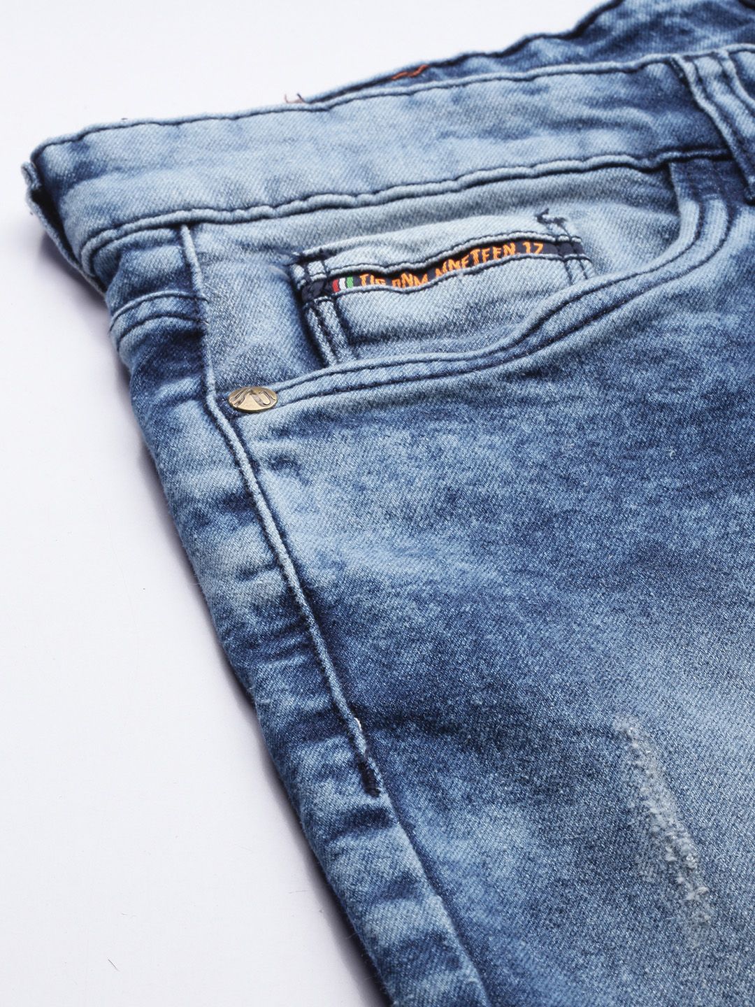 The Indian Garage Co Men Blue Slim Fit Low Distress Light Fade Acid Wash Stretchable Jeans