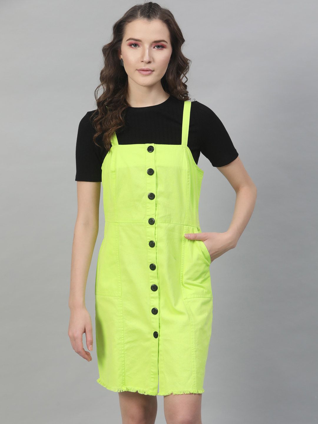STREET 9 Women Fluorescent Green Solid Pinafore Dress