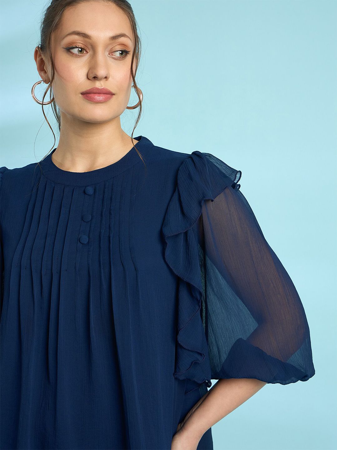 Antheaa Navy Round Neck Flared Sleeve Chiffon A-Line Top