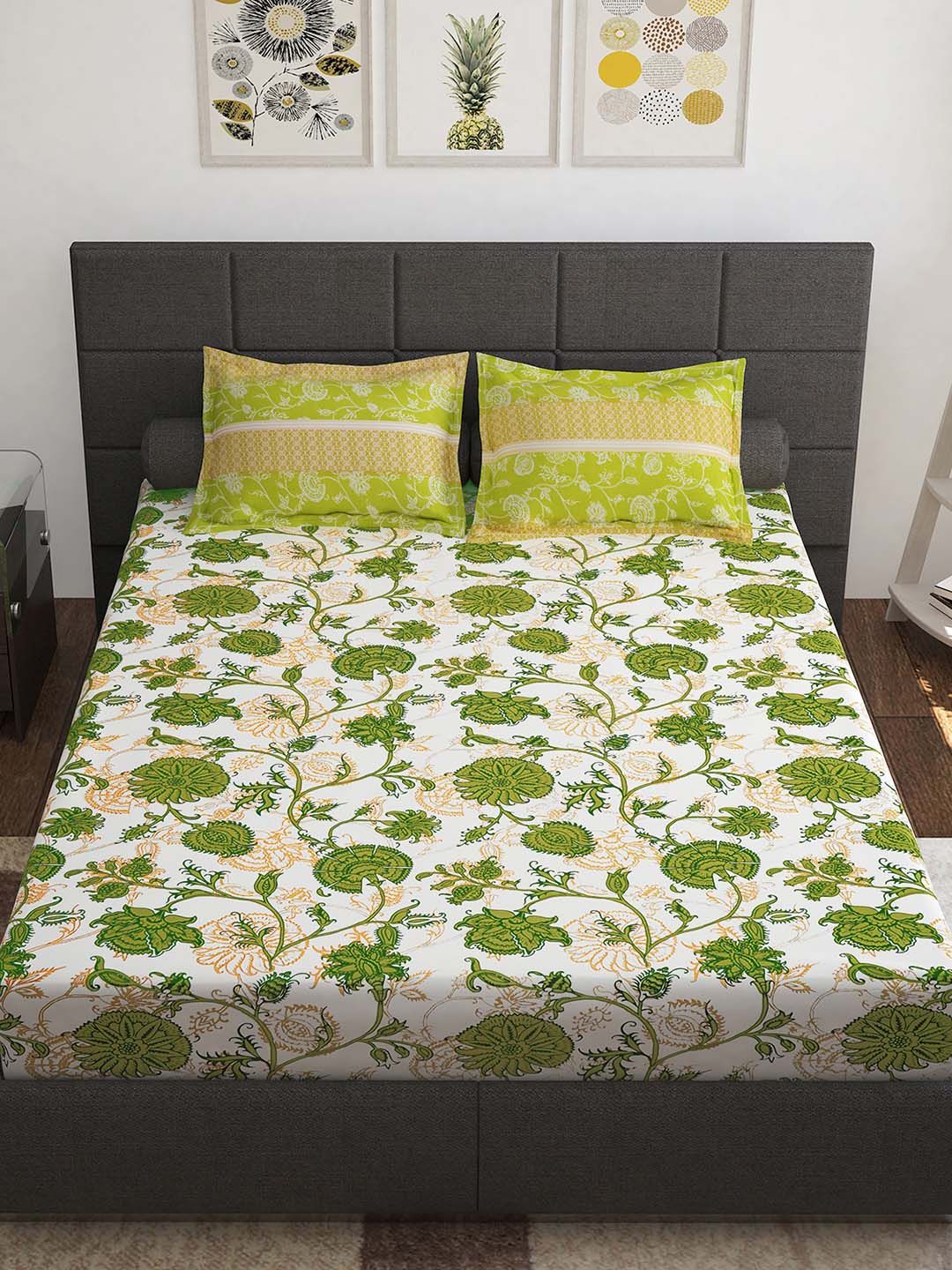 Story@home Ventura Green White Floral 144 TC Cotton Queen Bedsheet with 2 Pillow Covers